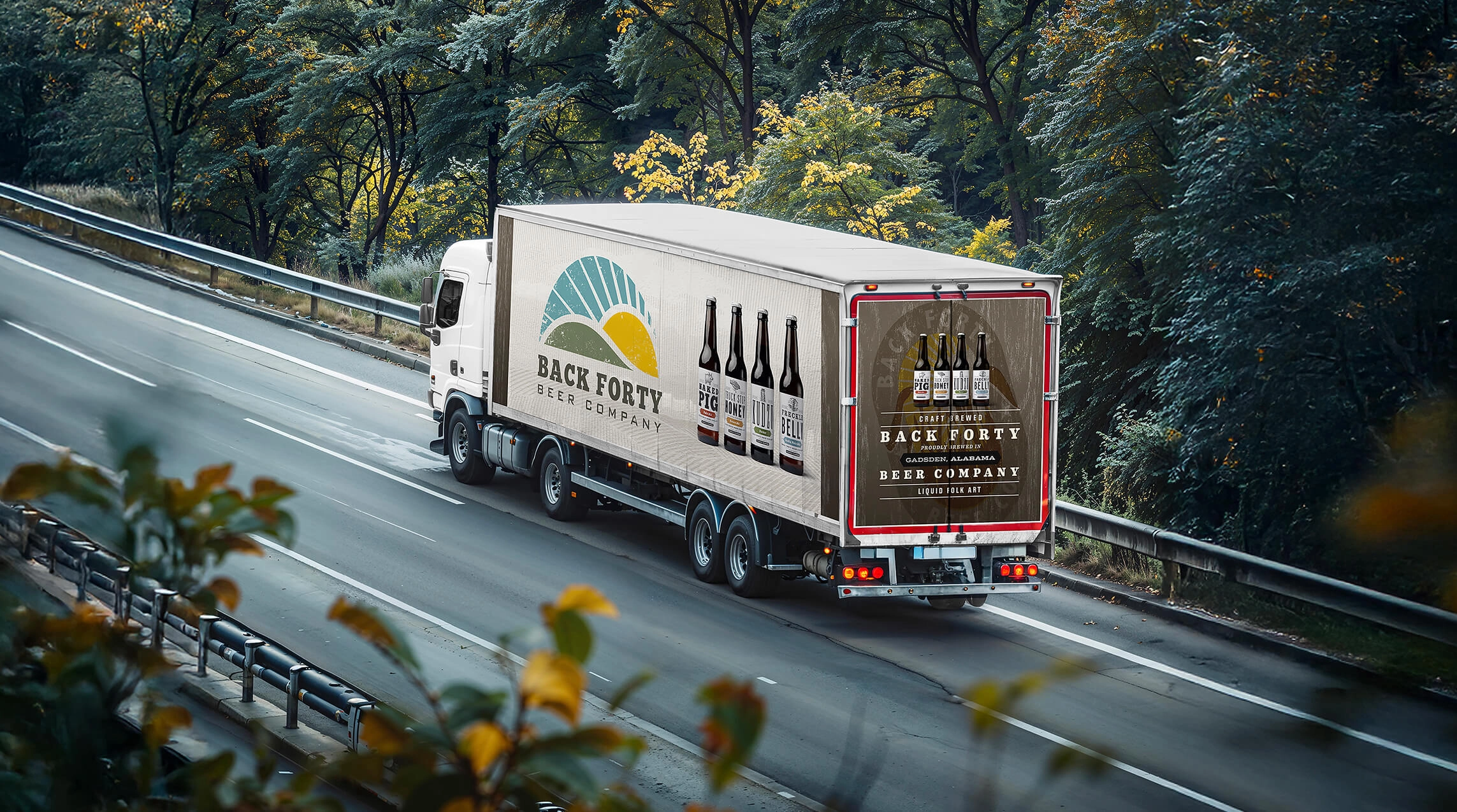 Delivery truck featuring Back Forty branding rolling down the highway