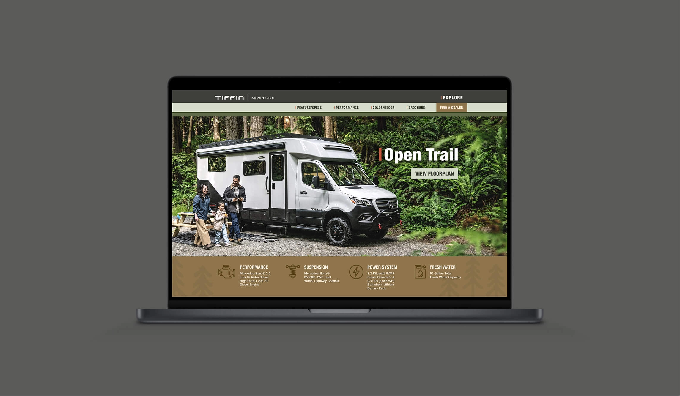 A laptop displaying the Tiffin Motorhomes website